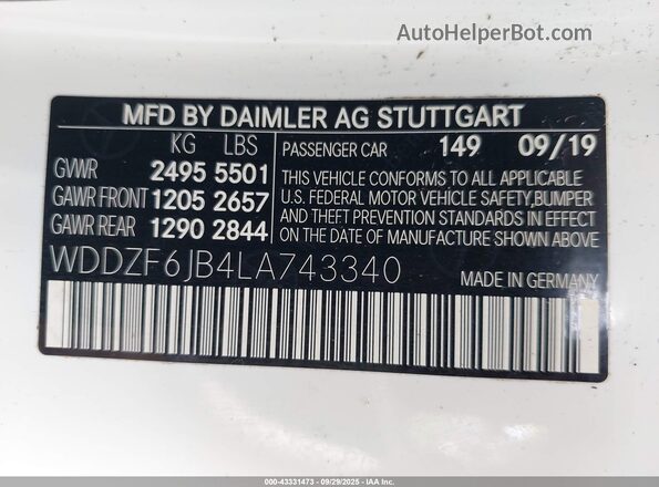 WDDZF6JB4LA743340 2020 MERCEDES-BENZ E-CLASS White Widok komory silnika