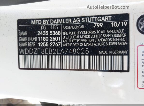 WDDZF8EB2LA748025 2020 MERCEDES-BENZ E-CLASS White Widok komory silnika
