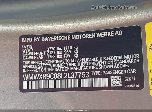 WMWXR9C08L2L37753 2020 MINI HARDTOP Gray 