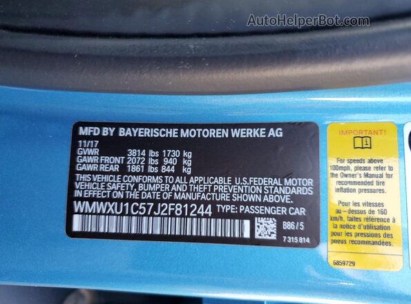 WMWXU1C57J2F81244 2018 MINI COOPER Синий 