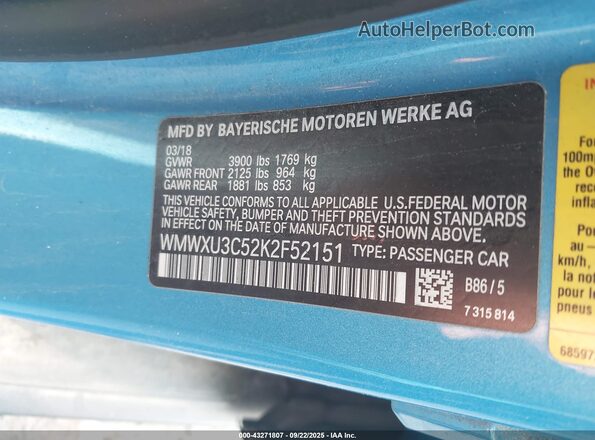 WMWXU3C52K2F52151 2019 MINI HARDTOP Blue ძრავის განყოფილების ხედი