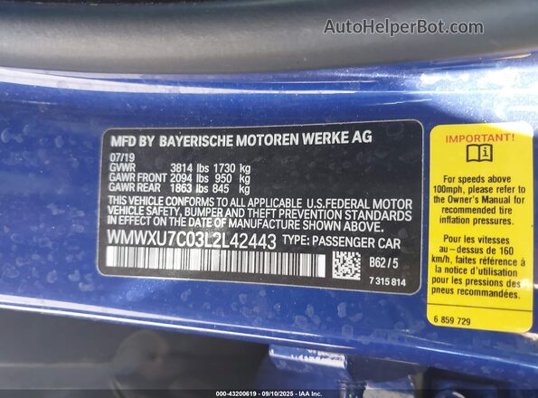 WMWXU7C03L2L42443 2020 MINI HARDTOP Blue Engine compartment view