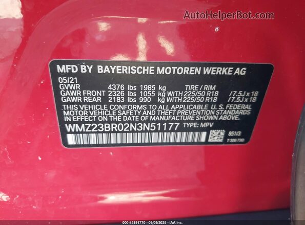 WMZ23BR02N3N51177 2022 MINI COUNTRYMAN Red Vista del compartimento del motor