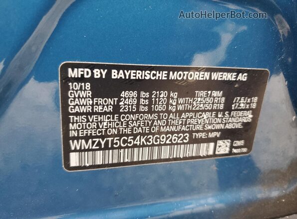 WMZYT5C54K3G92623 2019 MINI COOPER Blue Вид підкапотного простору