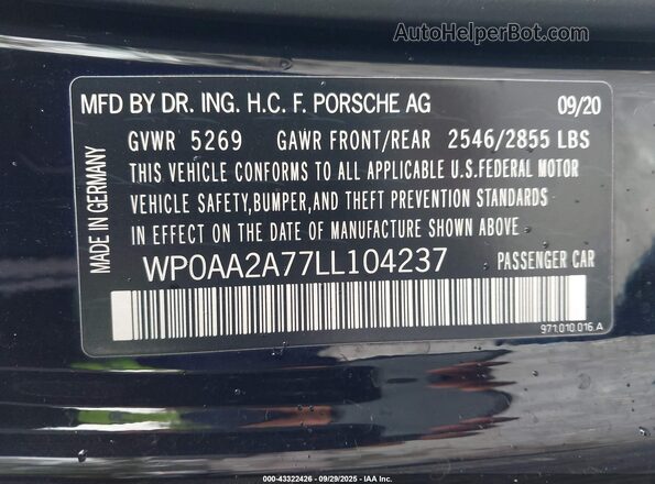 WP0AA2A77LL104237 2020 PORSCHE PANAMERA Black Vista del compartimento del motor