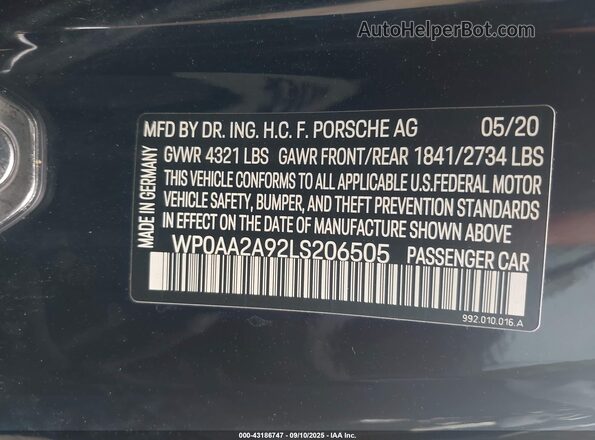 WP0AA2A92LS206505 2020 PORSCHE 911 Black Widok komory silnika