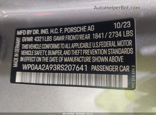 WP0AA2A93RS207641 2024 PORSCHE 911 Gray Widok komory silnika