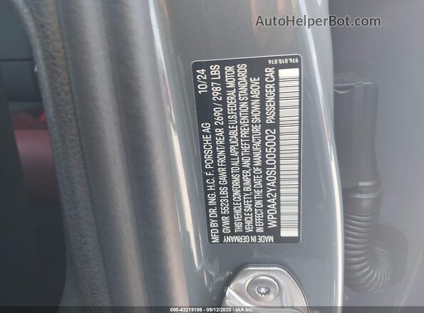 WP0AA2YA0SL005002 2025 PORSCHE PANAMERA Gray Շարժիչի բաժամունքի տեսք