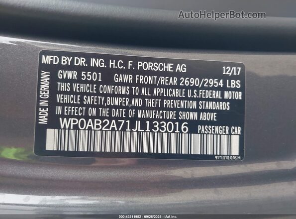 WP0AB2A71JL133016 2018 PORSCHE PANAMERA Gray Вид підкапотного простору