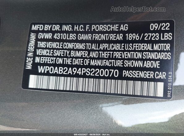 WP0AB2A94PS220070 2023 PORSCHE 911 Серый 