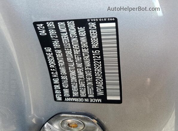 WP0AB2A95RS221215 2024 PORSCHE 911 Silver Вид підкапотного простору