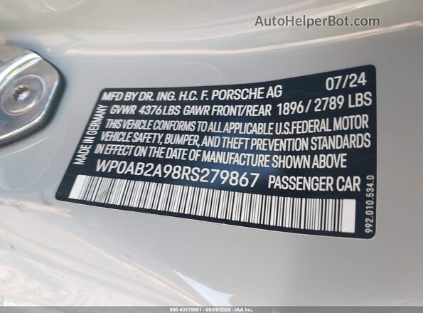 WP0AB2A98RS279867 2024 PORSCHE 911 Gray Vista del compartimento del motor