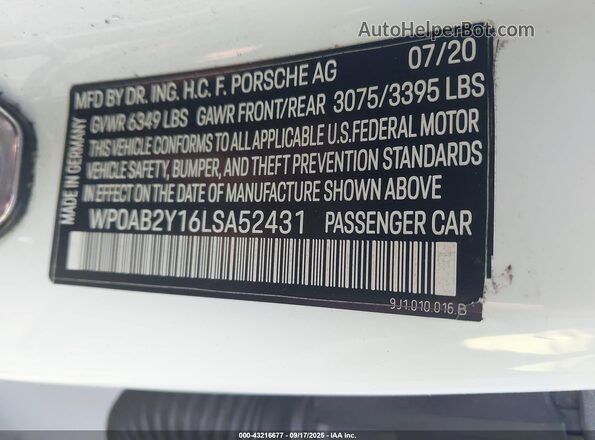 WP0AB2Y16LSA52431 2020 PORSCHE TAYCAN White Vista del compartimento del motor
