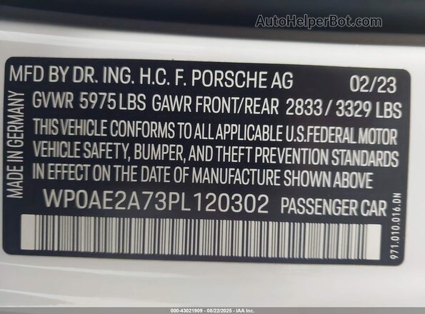 WP0AE2A73PL120302 2023 PORSCHE PANAMERA White ძრავის განყოფილების ხედი
