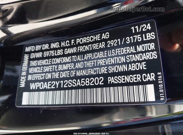 WP0AE2Y12SSA58202 2025 PORSCHE TAYCAN Black Вид підкапотного простору