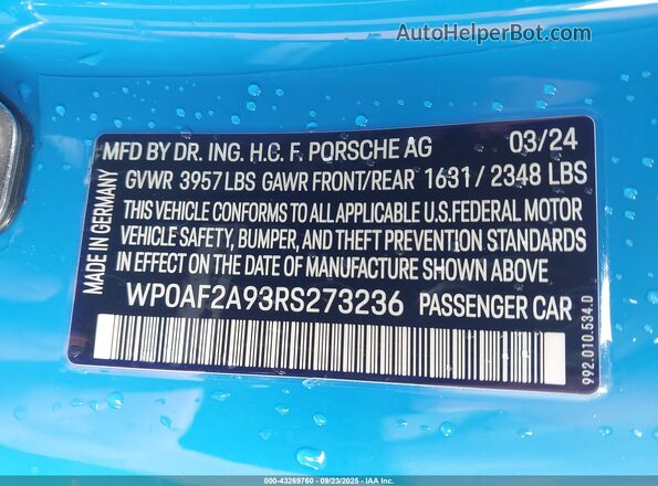 WP0AF2A93RS273236 2024 PORSCHE 911 Blue Engine compartment view