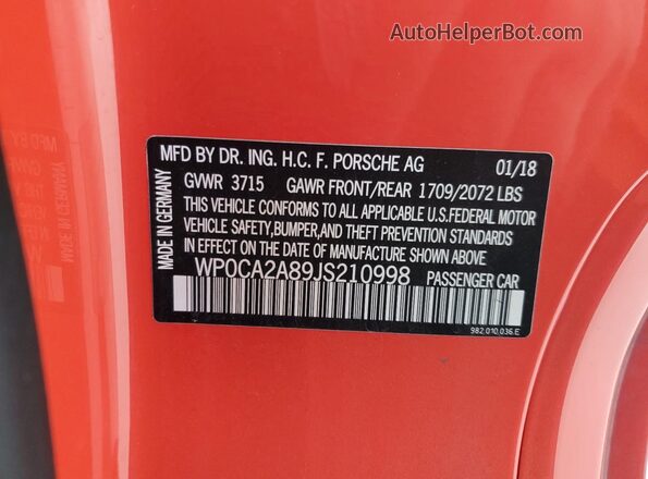 WP0CA2A89JS210998 2018 PORSCHE BOXSTER Orange Engine compartment view