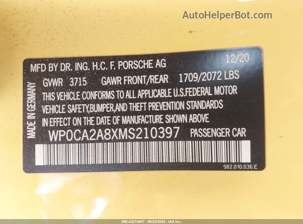 WP0CA2A8XMS210397 2021 PORSCHE BOXSTER Yellow Engine compartment view