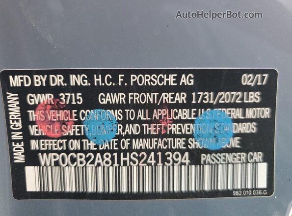 WP0CB2A81HS241394 2017 PORSCHE BOXSTER Gray Vista del compartimento del motor