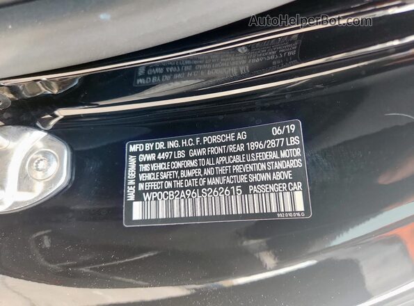 WP0CB2A96LS262615 2020 PORSCHE 911 Black VIN sticker view