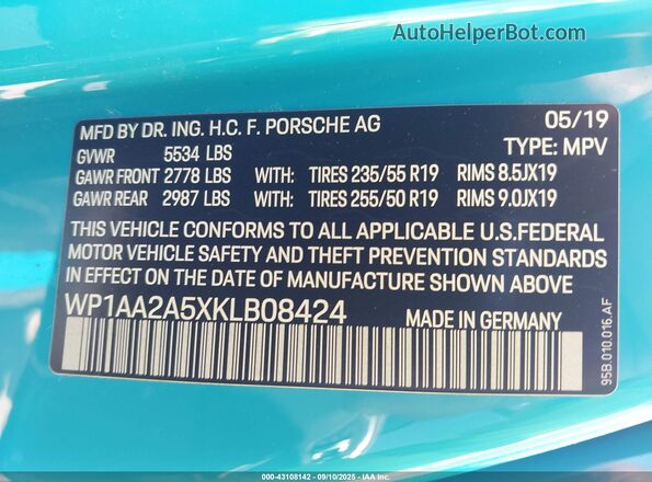 WP1AA2A5XKLB08424 2019 PORSCHE MACAN Blue Engine compartment view