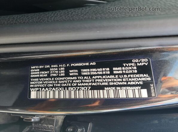 WP1AA2A5XLLB07307 2020 PORSCHE MACAN Gray VIN sticker view