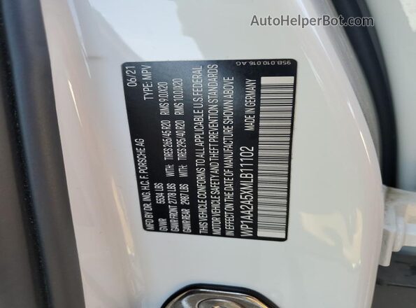 WP1AA2A5XMLB11102 2021 PORSCHE MACAN White VIN კოდის სტიკერის ხედი