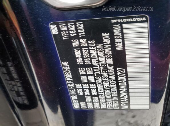 WP1AA2AY4MDA00727 2021 PORSCHE CAYENNE Синий Вид наклейки с VIN-кодом
