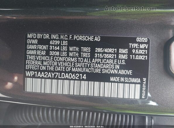 WP1AA2AY7LDA06214 2020 PORSCHE CAYENNE Gray Engine compartment view
