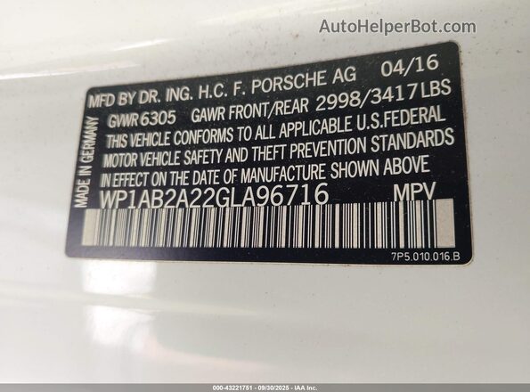 WP1AB2A22GLA96716 2016 PORSCHE CAYENNE White Вид підкапотного простору