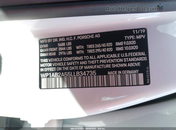 WP1AB2A55LLB34735 2020 PORSCHE MACAN White 