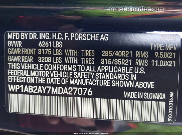 WP1AB2AY7MDA27076 2021 PORSCHE CAYENNE Черный Вид подкапотного пространства