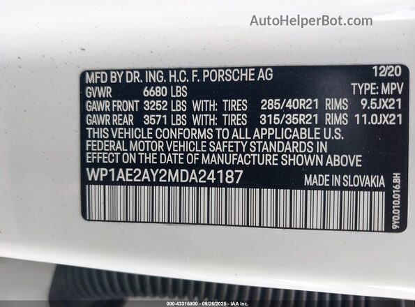 WP1AE2AY2MDA24187 2021 PORSCHE CAYENNE Белый Вид подкапотного пространства