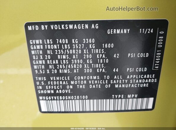 WVG6YVEB0SH020100 2025 VOLKSWAGEN ID. BUZZ Yellow VIN կոդի պիտակի տեսք