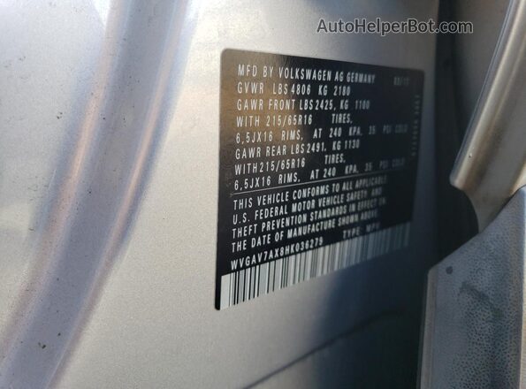 WVGAV7AX8HK036279 2017 VOLKSWAGEN TIGUAN Silver Widok naklejki z numerem VIN