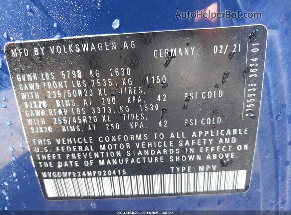 WVGDMPE24MP020415 2021 VOLKSWAGEN ID.4 Blue Շարժիչի բաժամունքի տեսք