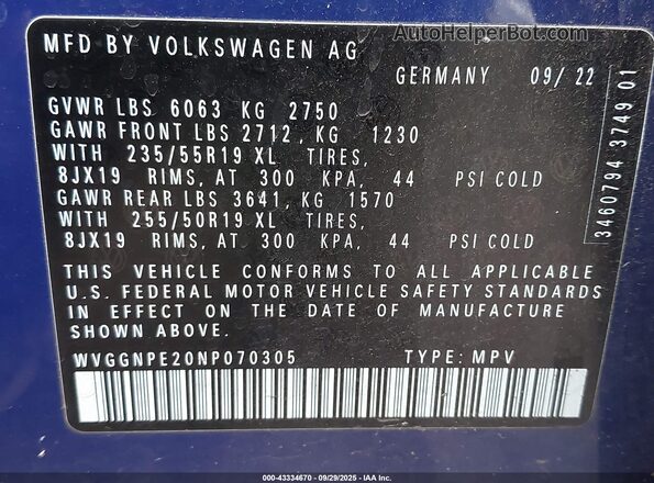 WVGGNPE20NP070305 2022 VOLKSWAGEN ID.4 Blue Widok komory silnika