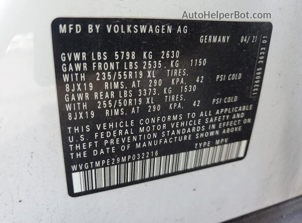 WVGTMPE29MP032216 2021 VOLKSWAGEN ID.4 White 