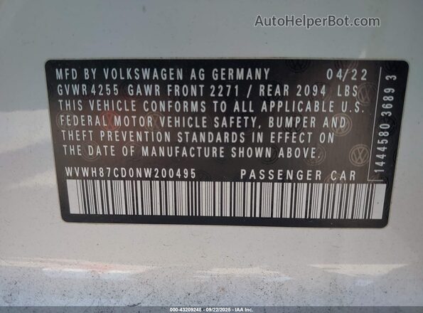WVWH87CD0NW200495 2022 VOLKSWAGEN GOLF White 