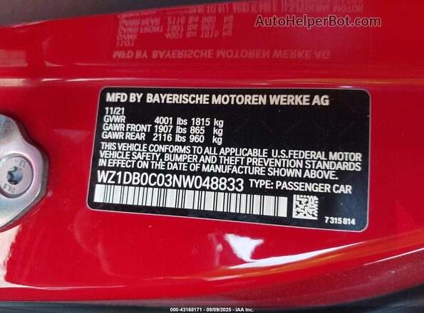 WZ1DB0C03NW048833 2022 TOYOTA SUPRA Red 