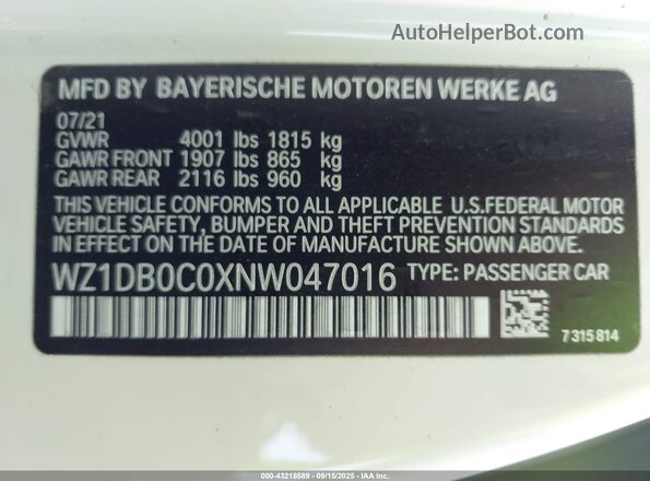 WZ1DB0C0XNW047016 2022 TOYOTA SUPRA Белый 