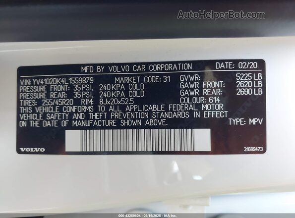 YV4102DK4L1559879 2020 VOLVO XC60 White Widok komory silnika