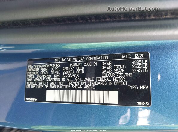 YV4162UM0M2516183 2021 VOLVO XC40 Blue 