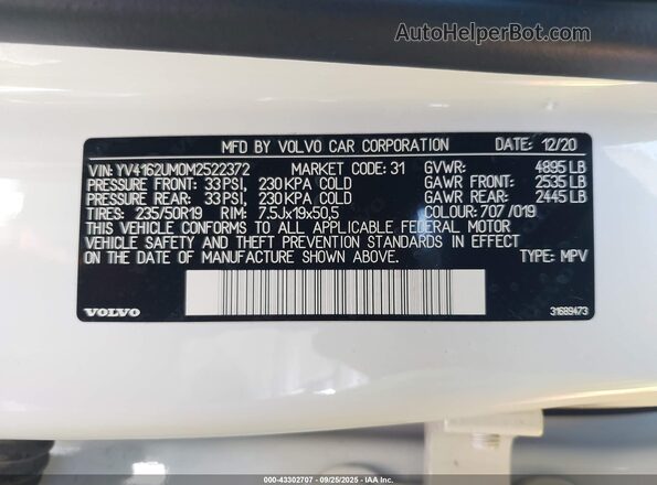 YV4162UM0M2522372 2021 VOLVO XC40 Белый Вид подкапотного пространства