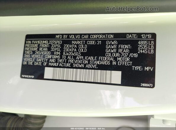 YV4162UM6L2279763 2020 VOLVO XC40 White Շարժիչի բաժամունքի տեսք