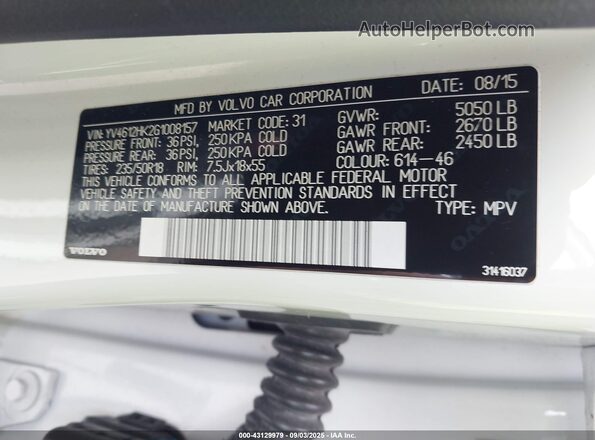 YV4612HK2G1008157 2016 VOLVO V60 CROSS COUNTRY White Շարժիչի բաժամունքի տեսք