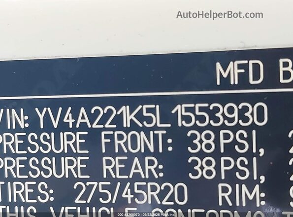 YV4A221K5L1553930 2020 VOLVO XC90 White Շարժիչի բաժամունքի տեսք