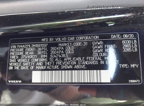 YV4A221L2M1681097 2021 VOLVO XC90 Black Widok komory silnika