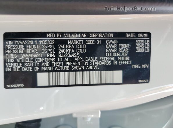 YV4A22NL1L1105302 2020 VOLVO V90 Белый Вид наклейки с VIN-кодом