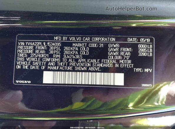 YV4A22PL1L1534095 2020 VOLVO XC90 Черный Вид подкапотного пространства